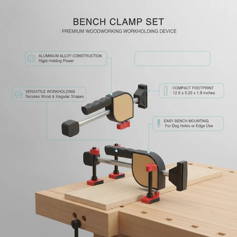 Aluminum Alloy Bench Clamp Set For Edge Or Dog Hole Mounts, Frees Your Hands For Precision Sanding Carving And Assembly, 12.6x9.25x1.9"