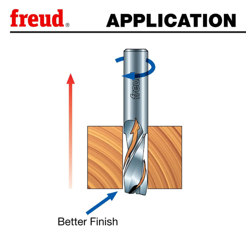 Diagram of Up Spiral Router Bit With Tico Hi-Density Carbide for smooth cuts in wood, 3/8 inch diameter, 1/2 inch shank, better finish