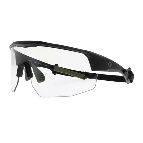 Boss Level Z87 Plus Impact Rated Safety Glasses Featuring Hella Slick Photochromic Lenses, black and olive color, side angle view.