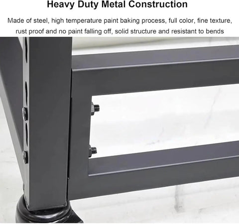 Close-up of Heavy Duty Fabric Roll Storage Rack With Adjustable Textile Display Shelves And Slick Rolling Platform, showcasing sturdy metal construction.