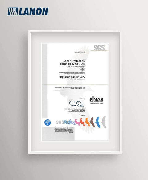 Framed certificate from Lanon Protection Technology Co., Ltd, Regulation (EU) 2016/425, showcasing compliance and quality.
