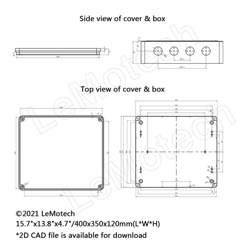 Technical drawing of Rugged ABS Plastic IP65 Dustproof Waterproof Junction Box Electrical Enclosure White 15.7 Inch 13.8 Inch 4.7 Inch.