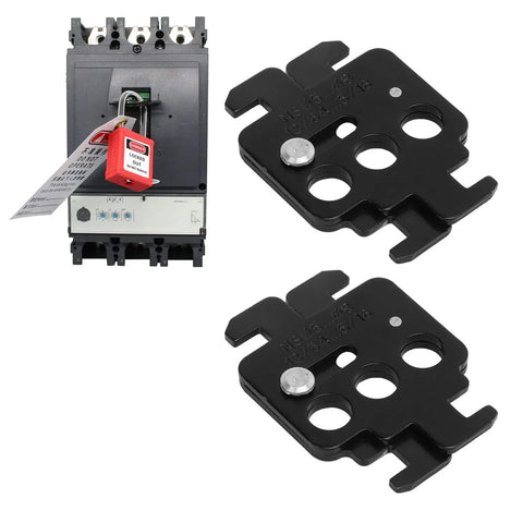 Rock Solid Two Piece Steel Circuit Breaker Lockout Kit With Heavy Duty Lockout Tagout Padlock For Switch Panels, steel pieces, secured to breaker.