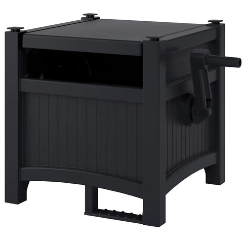 Hideaway Garden Hose Box With Reel 100Ft Durable Resin Outdoor Storage For Backyard Patio Lawn Built In Holder Reels Hose Neatly No Fuss Setup Weather Resistant Easy Wind Up Keeps Yard Clutter Free. Black resin box with manual crank handle on side.