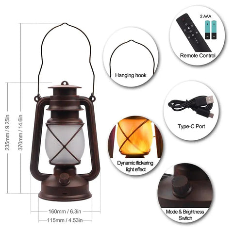 LED Camping Lantern Battery Powered Two Pack With Remote Control, showcasing size, USB port, remote, and flickering flame effect.