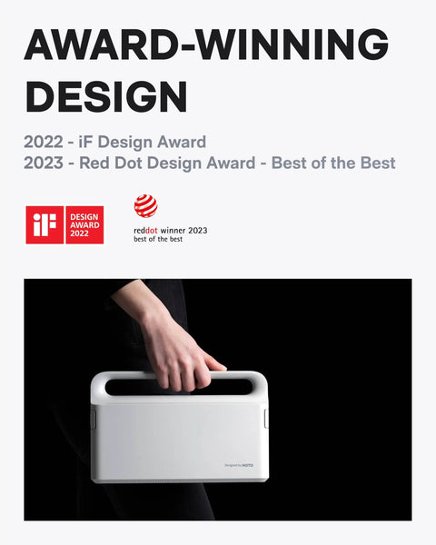 Award-winning portable device held by a hand, showcasing its ergonomic design and winning design awards from 2022 and 2023.
