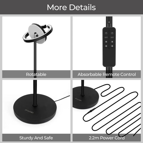 Close-up of Chill At Home With A Sleek Saturn Ring LED Floor Lamp, 36W, 1800LM, rotatable head, remote, power cord details.