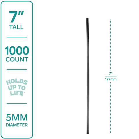 7 Inch Black Disposable Stir Sticks For Hot And Cold Beverages, 1000 Count, with 7-inch height and 5mm diameter specifications