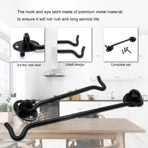 Door Hook and Eye Latch Gate Safety for Window Cabinet with Screws, black metal latch set displayed in kitchen setting.