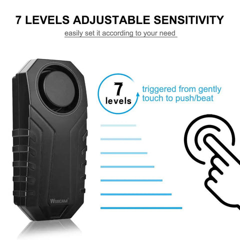 Beefy 113dB Wireless Bike Alarm With Remote Vibration And Motion Sensor IP55 shown with 7 adjustable sensitivity levels in black