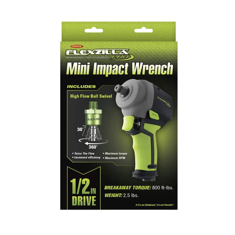 Pro Mini Impact Wrench With Half Inch Drive And High Flow Ball Swivel Plug Ultra Lightweight 2.5 Lb Composite Body packaging