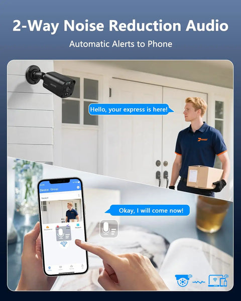 4K Ultra HD Security Camera System With 8.0 MP Sensors showing 2-way audio communication with delivery person at door.