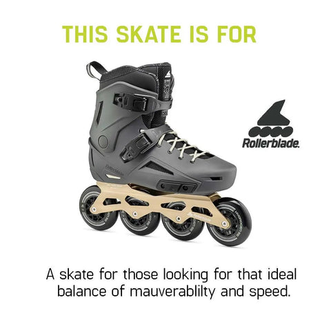 Lightning 90 Men's Urban Inline Skate With Memory Buckle Closure And Extra Lacing displayed with 90mm wheels, anthracite and taupe.