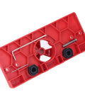 Top Grade 35mm Hinge Hole Saw Jig Kit For Woodworking Pros With Locator Bit And Precise Boring Tool Set showing red plastic jig base.