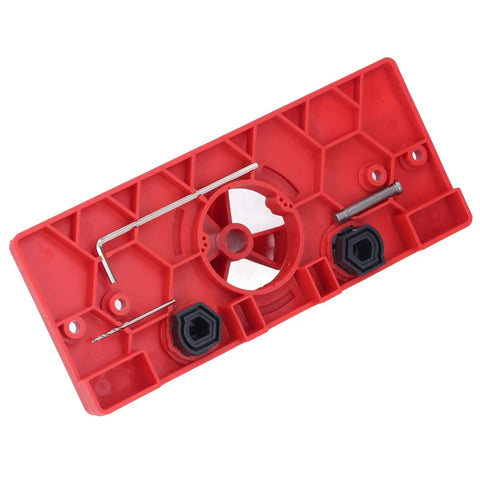 Top Grade 35mm Hinge Hole Saw Jig Kit For Woodworking Pros With Locator Bit And Precise Boring Tool Set showing red plastic jig base.