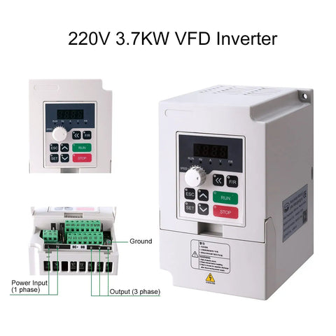 220V 3.7KW VFD Inverter for Beefed Up 3KW 100mm Water Cooled CNC Spindle Motor Kit with display and connection details