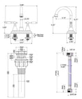 Technical diagram of Brushed Nickel Two Handle Centerset Bathroom Faucet For 4 Inch Sinks Vintage Lavatory Vanity Style With 360 Degree Swivel Spout Overflow Pop Up Drain And Water Hoses Fits 2 Or 3 Hole Install showing dimensions.