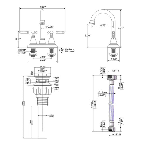 Technical diagram of Brushed Nickel Two Handle Centerset Bathroom Faucet For 4 Inch Sinks Vintage Lavatory Vanity Style With 360 Degree Swivel Spout Overflow Pop Up Drain And Water Hoses Fits 2 Or 3 Hole Install showing dimensions.