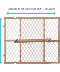 Toddler Safe Wooden Baby Gate Pressure Mount Doorway Barrier Adjustable 26 To 42 Inches Wide 23 Tall front view on display.