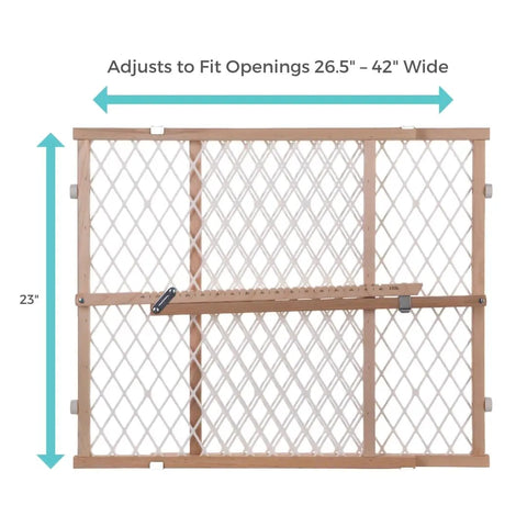 Toddler Safe Wooden Baby Gate Pressure Mount Doorway Barrier Adjustable 26 To 42 Inches Wide 23 Tall front view on display.
