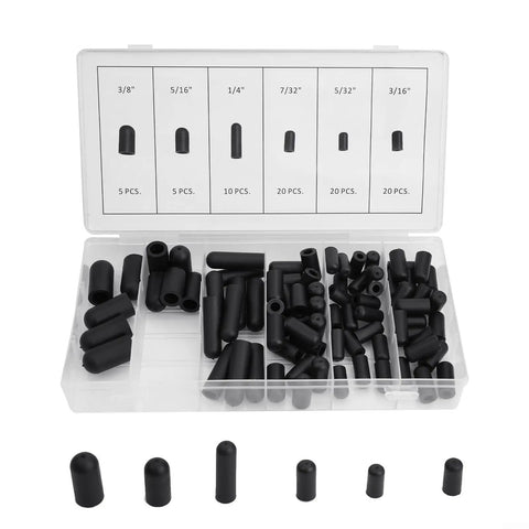 Ultimate 80-Piece Carburetor Vacuum Cap Kit With Rubber Hose End Covers In Assorted Sizes From 5/32 To 3/8 Inch For Engine Manifolds And Auto Vacuum Seals, black rubber caps in organizer