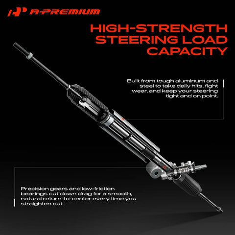 Electronic Power Steering Rack And Pinion Assembly For Kia Soul 2014 2019 shown from the side with aluminum and steel construction.
