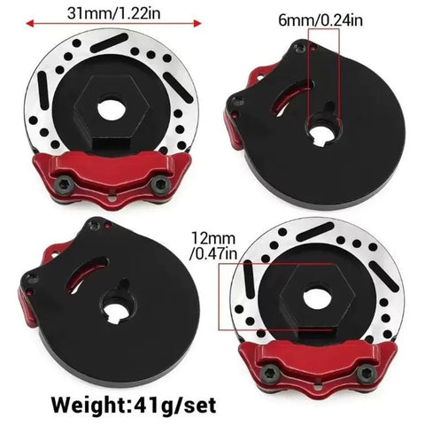 Metal 4 Pack 12mm Wheel Hex Hub Adapters With Brake Disc For TT02 One Tenth Scale RC Cars Red Finish Measurements Display