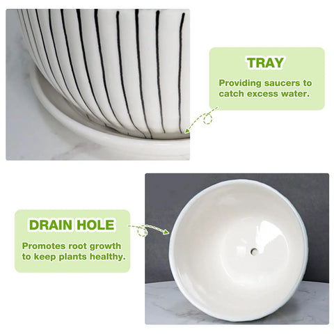 Close-up of Dope Three Piece Ceramic Plant Pots Set With Drainage Holes And Saucers showing tray and drain hole details.