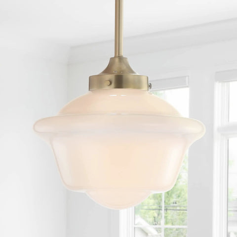 Brass Gold White Modern Dope Schoolhouse LED Pendant Light Fixture with 9.5 Inch Drop Adjustable Hanging Lamp White Glass Shade
