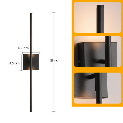 Dope Matte Black Wall Sconces Set Of 2 With LED Lighting 3000K 12W, showing dimensions and close-up details of modern minimalist design.