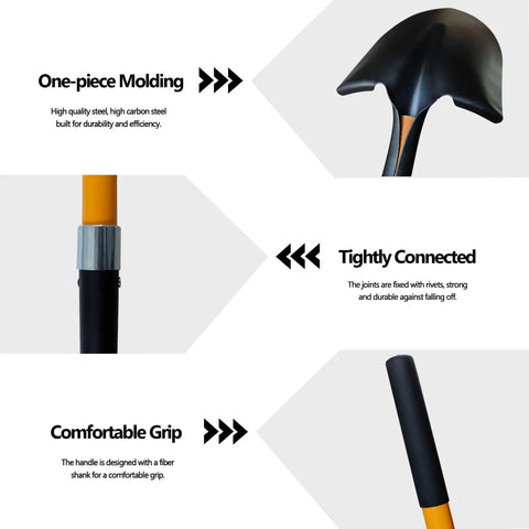 Heavy Duty 57 Inch Digging Shovel With Fiberglass Handle And Round Steel Head Closed Back Design Prevents Debris Buildup And Rust Non Slip Cushion Grip For Lawn And Yard Work Orange Workhorse Shovel, showing one-piece molding, tightly connected joints, and comfortable grip.