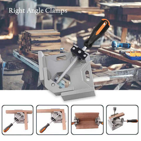 Two Pack 90 Degree Right Angle Clamps for Woodworking and Metalworking Aluminum Alloy Corner Clamp in workshop setting