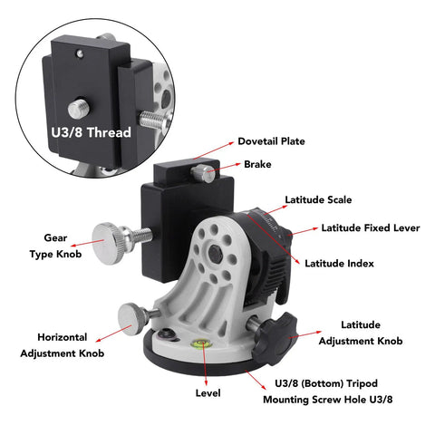 Rock Solid Aluminum Latitude Adjustment Base For Equatorial Mounts, 0 To 90 Degree Wedge With Leveling Bubble and 3/8 inch thread