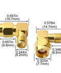 90 Degree Reverse Polarity SMA To RP-SMA Right Angle Coax Adapter 50 Ohm 2 Pack, gold-plated copper with dimensions