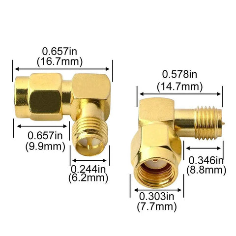 90 Degree Reverse Polarity SMA To RP-SMA Right Angle Coax Adapter 50 Ohm 2 Pack, gold-plated copper with dimensions
