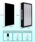 HEPA A2 True Filter Two Pack For Room Purifiers FAP-C02-A2 C03-A2 T03-A2, dimensions shown, compatible models displayed.