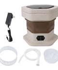 No Sweat Portable Folding Mini Washer Featuring Quick Wash And Spin Cycle, 5.5 Pound Capacity, Slick Khaki Build with accessories.
