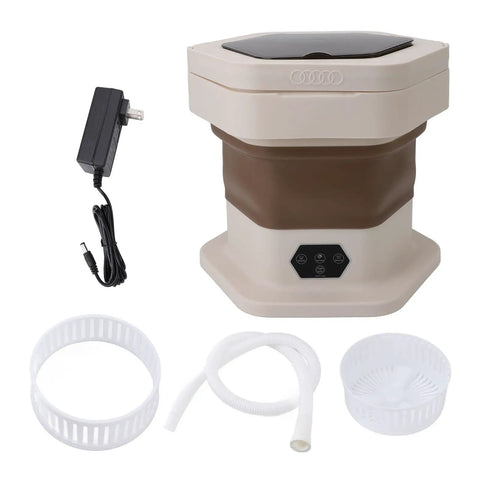 No Sweat Portable Folding Mini Washer Featuring Quick Wash And Spin Cycle, 5.5 Pound Capacity, Slick Khaki Build with accessories.