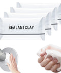 Four packets of Heavy Duty Waterproof Patching Paste And Dependable Repair Mastic with hands demonstrating use.