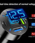 Close-up of 66W Fast Car Charger With PD And QC 3.0 Volt Meter And LED Lights Four Port Universal displaying 12.5V