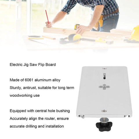 Solid As A Rock 6061 Aluminum Alloy Electric Jig Saw Flip Board And Router Table Insert Plate for woodworking use, viewed on a workbench.