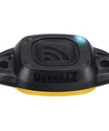 Tool Connect Tag 4 Pack for Jobsite Asset Tracking with blue LED light, compact black and yellow design, front view.