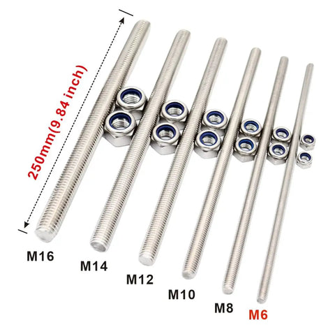 304 Stainless Steel Fully Threaded Rod Studs 6 By 250Mm with nuts for anchor bolts, clamps, hangers, and U bolts use, corrosion resistant.