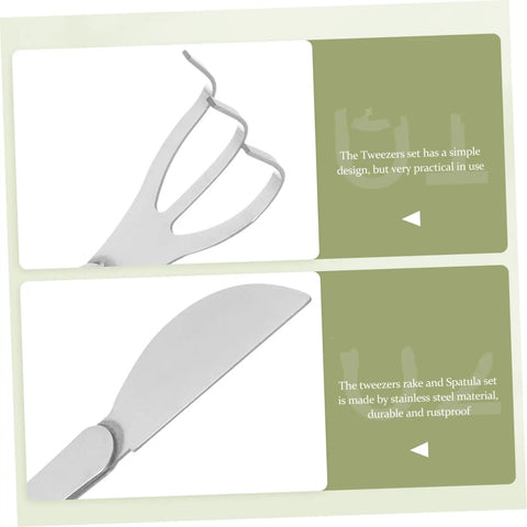 Stainless Steel Bonsai Tweezers Set With Small Rake And Curved Tips For Succulents Moss And Plant Shaping Pro Grade Gardening Tools Durable Bonsai Supplies For Easy Maintenance And Storage, stainless steel tweezers and spatula close-up