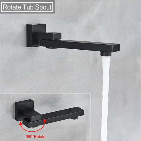 Straight Up Knockout Style Matte Black Rainfall Shower System With Waterfall Body Spray And Thermostatic Mixer Valve Wall Mounted Modern Bath Tub Faucet Set with 360° rotating spout.