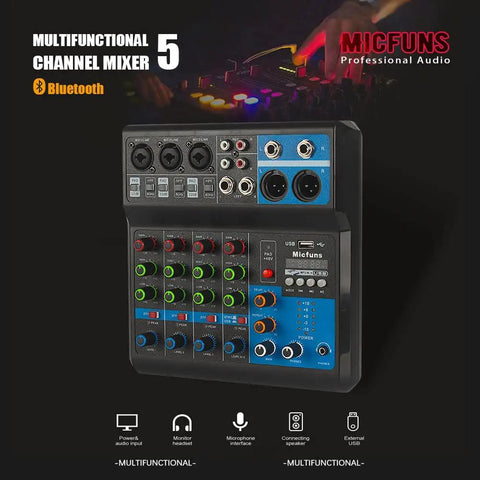 Mini 5 Channel DJ Mixer With Bluetooth USB MP3 Stereo 48V Phantom Power, front view with controls and inputs visible