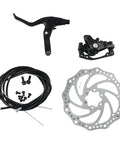 Heavy Duty Mechanical Disc Brake Kit For Mountain Bikes Packed With Bulletproof Wire Control Front Rear 160 Mm Rotors And Alloy Calipers image showing brake lever, caliper, rotor, and cables.