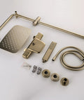 Slick Wall Mounted Thermostatic Shower System Featuring A Smooth Waterfall Tub Spout And Heavy Duty Rain Shower Head Paired With An Easy Grip Handheld Sprayer For Top Notch Bathroom Upgrades, brass components.