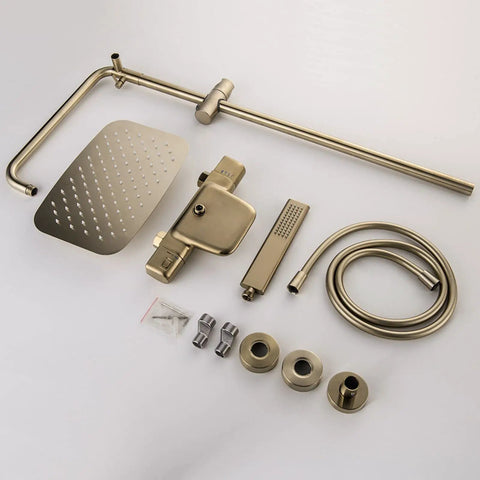Slick Wall Mounted Thermostatic Shower System Featuring A Smooth Waterfall Tub Spout And Heavy Duty Rain Shower Head Paired With An Easy Grip Handheld Sprayer For Top Notch Bathroom Upgrades, brass components.