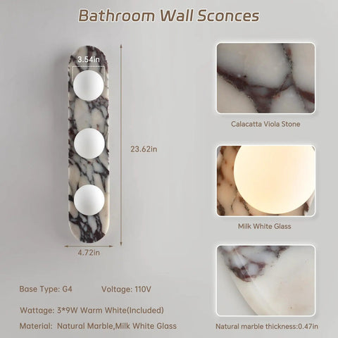 Natural Marble Bathroom Vanity Light, Alabaster 3-Light Wall Sconce, Calacatta Viola with Milk White Glass, 23.62in.